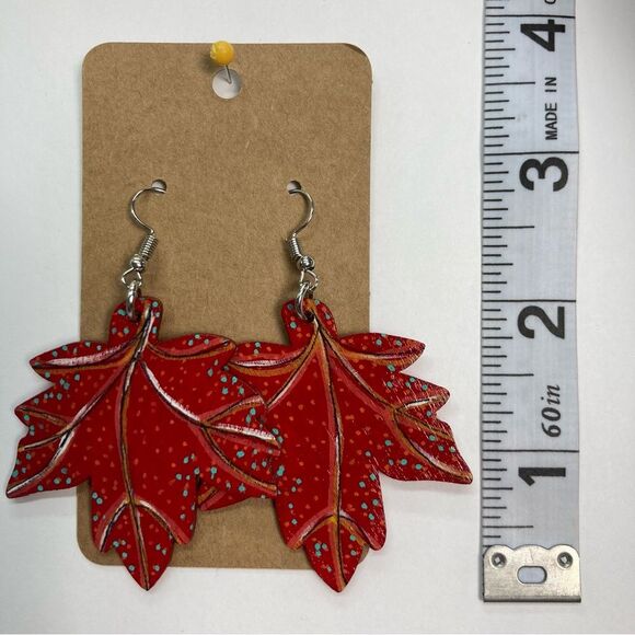 Hand-Painted Earrings Wooden Red Maple Leaf for Fall Halloween Thanksgiving New - Picture 10 of 10
